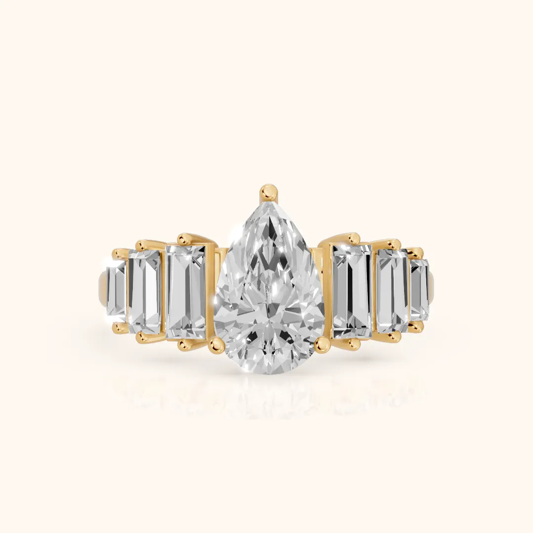 Mara Sidestone Baguette Accent Pear Diamond Engagement Ring in Yellow Gold — view 2