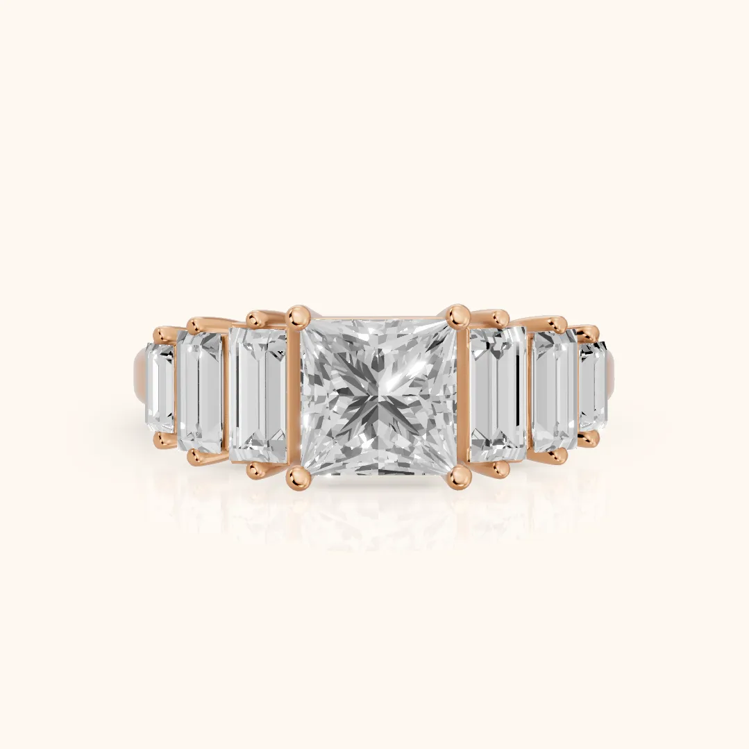 Mara Sidestone Baguette Accent Princess Diamond Engagement Ring in Rose Gold — view 2