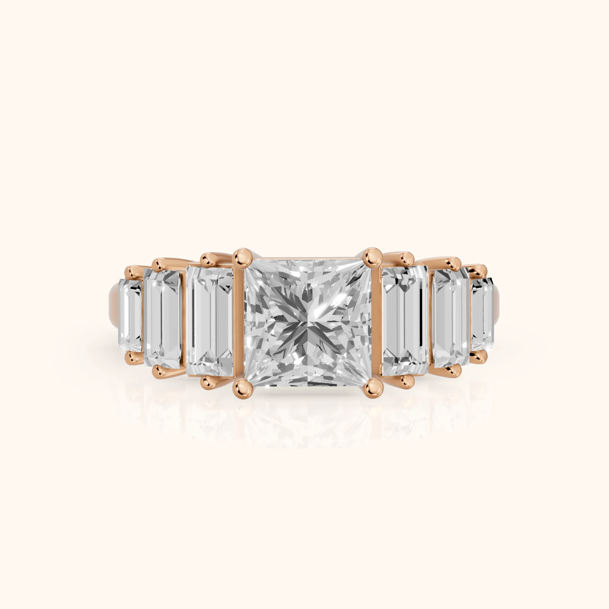 Mara Sidestone Baguette Accent Princess Diamond Engagement Ring in Rose Gold — view 1