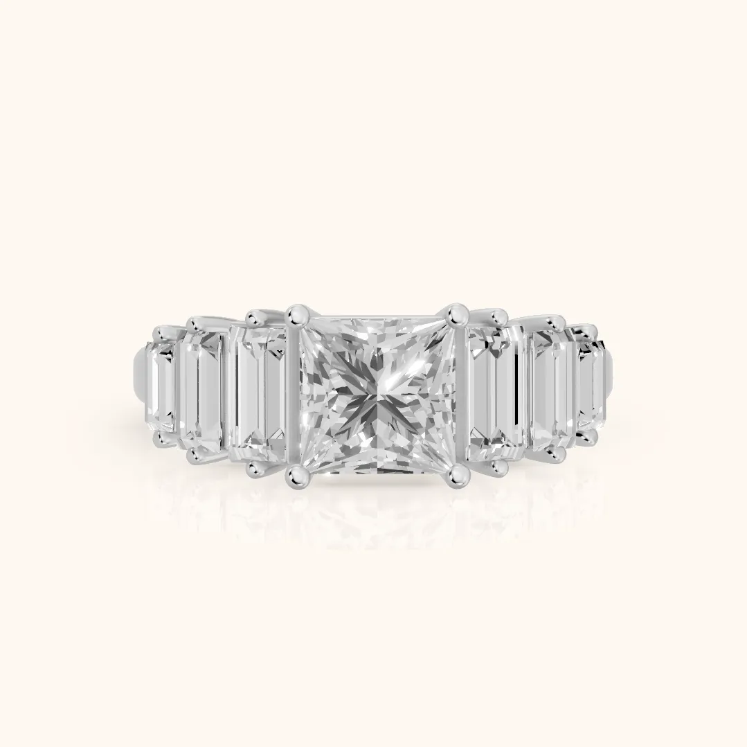 Mara Sidestone Baguette Accent Princess Diamond Engagement Ring in Silver — view 2