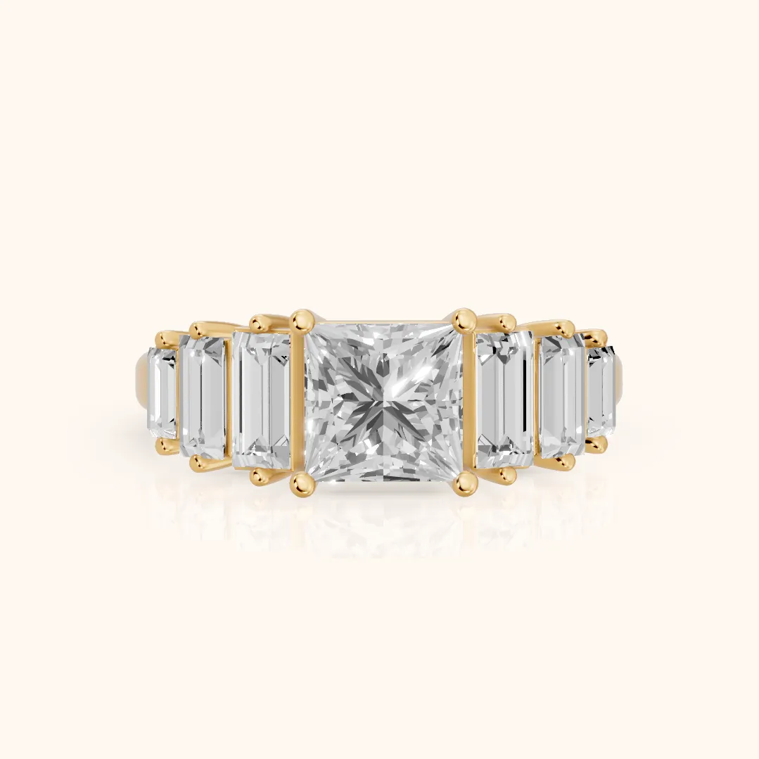 Mara Sidestone Baguette Accent Princess Diamond Engagement Ring in Yellow Gold — view 2