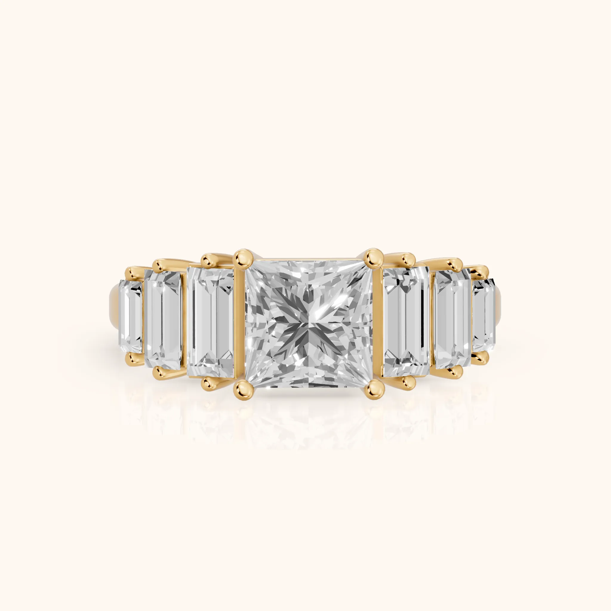 Mara Sidestone Baguette Accent Princess Diamond Engagement Ring in Yellow Gold — view 1