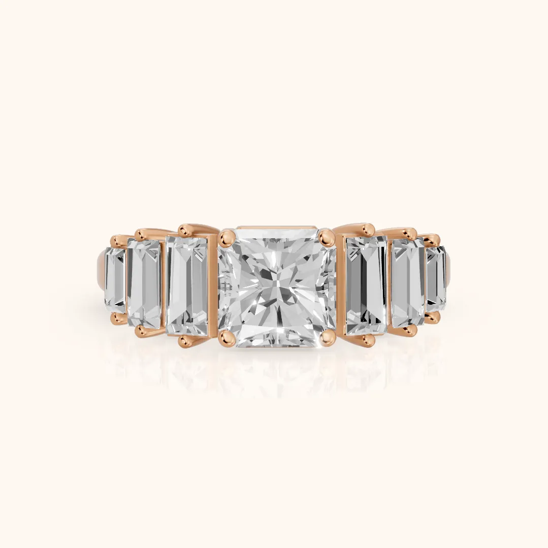 Mara Sidestone Baguette Accent Radiant Diamond Engagement Ring in Rose Gold — view 2