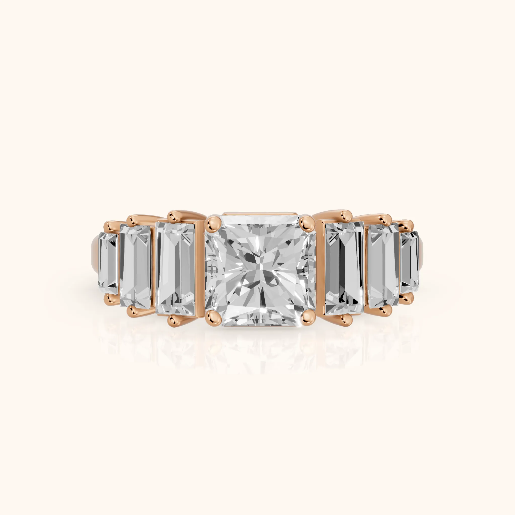 Mara Sidestone Baguette Accent Radiant Diamond Engagement Ring in Rose Gold — view 1