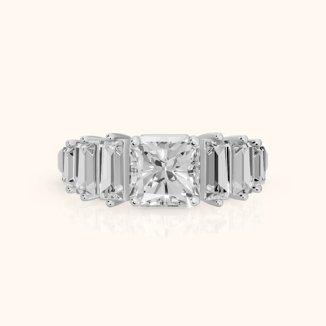 Mara Sidestone Baguette Accent Radiant Diamond Engagement Ring in Platinum — view 2