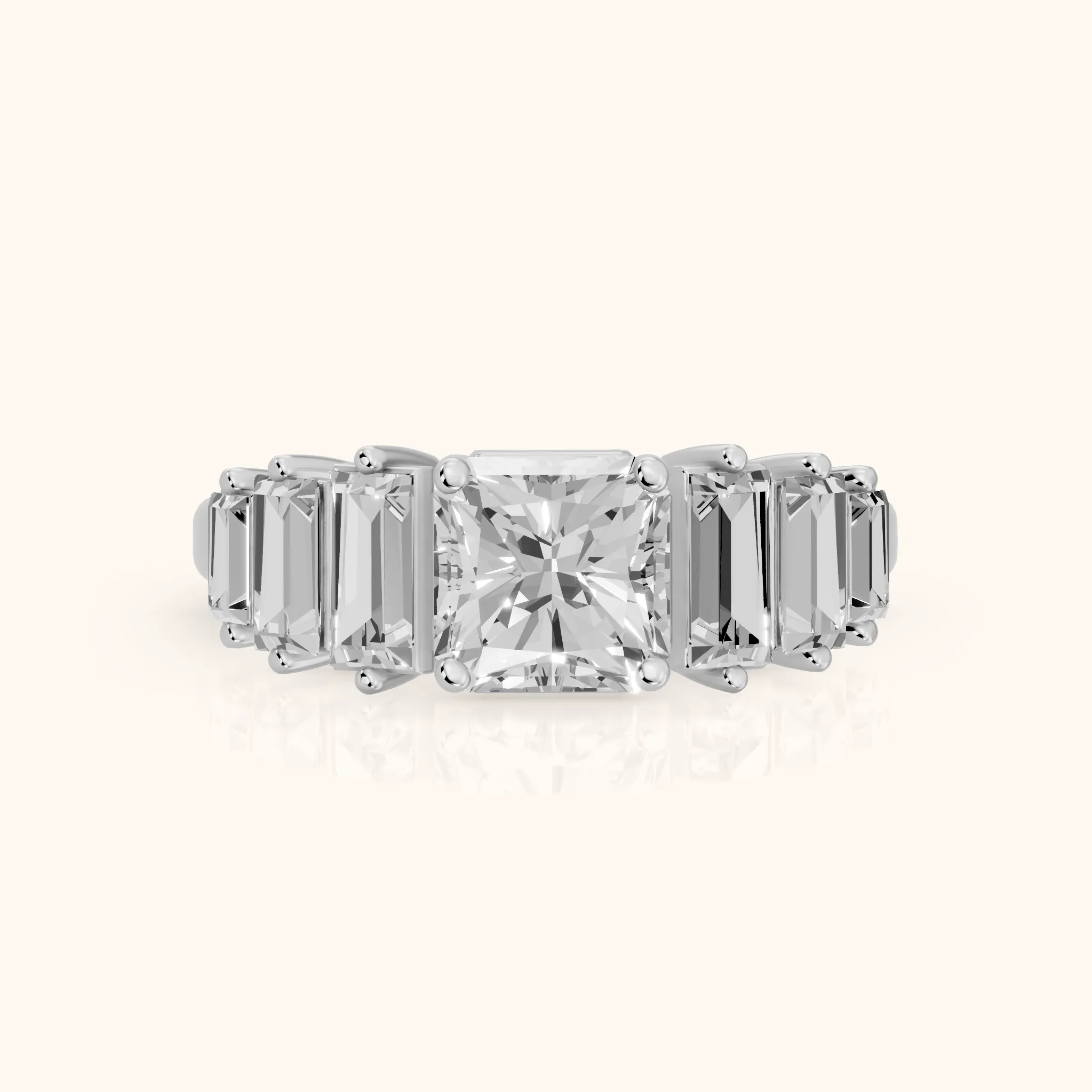 Mara Sidestone Baguette Accent Radiant Diamond Engagement Ring in Platinum — view 1