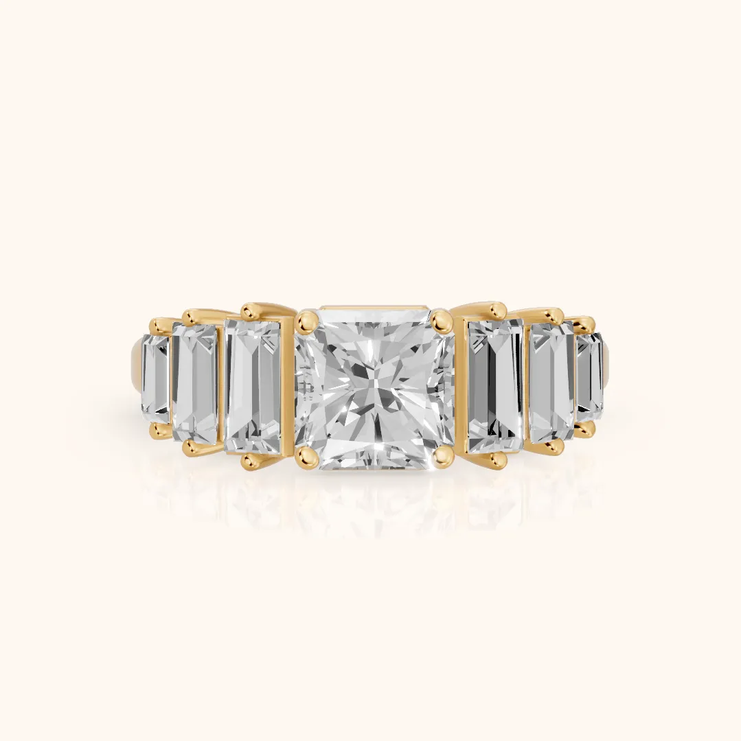 Mara Sidestone Baguette Accent Radiant Diamond Engagement Ring in Yellow Gold — view 2