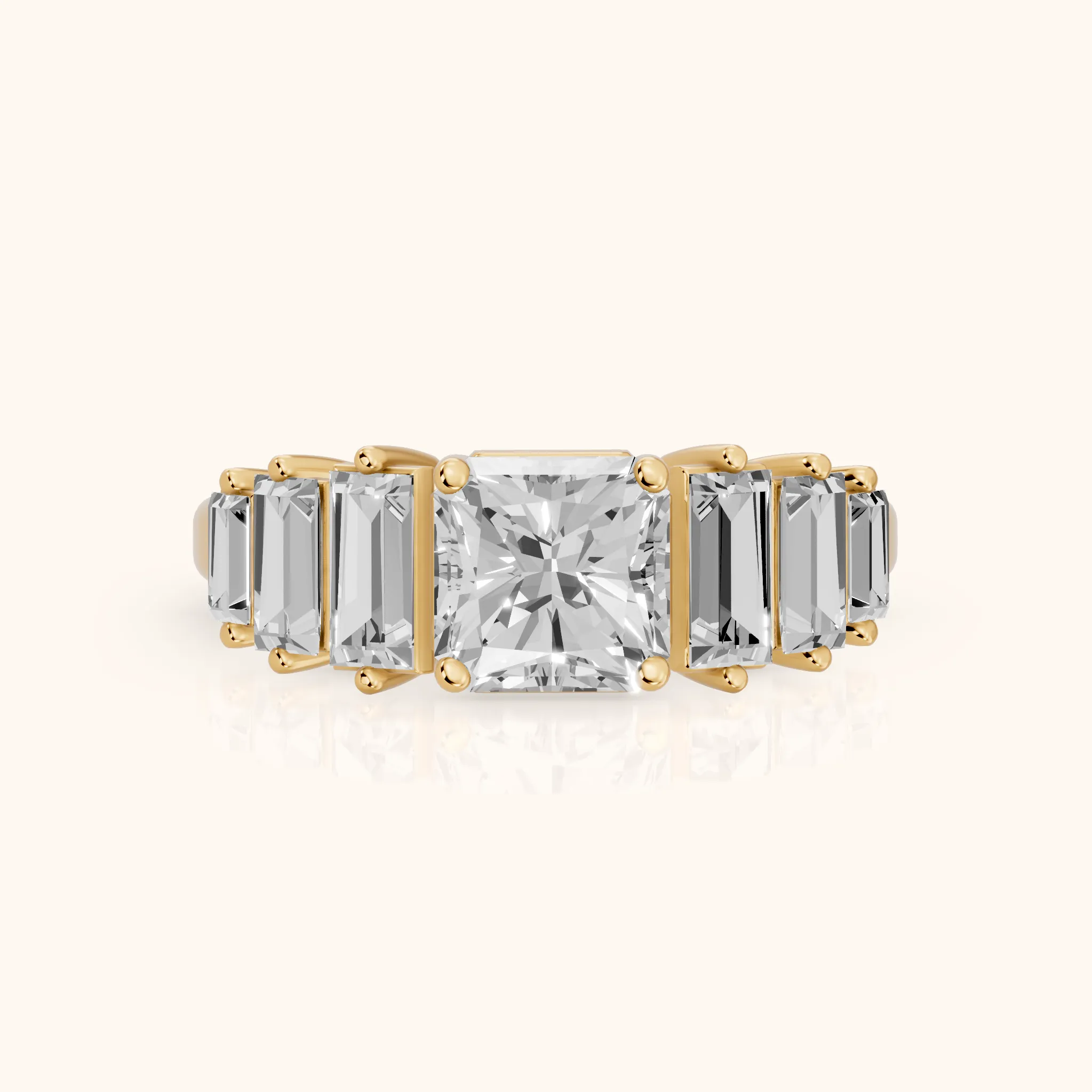 Mara Sidestone Baguette Accent Radiant Diamond Engagement Ring in Yellow Gold — view 1
