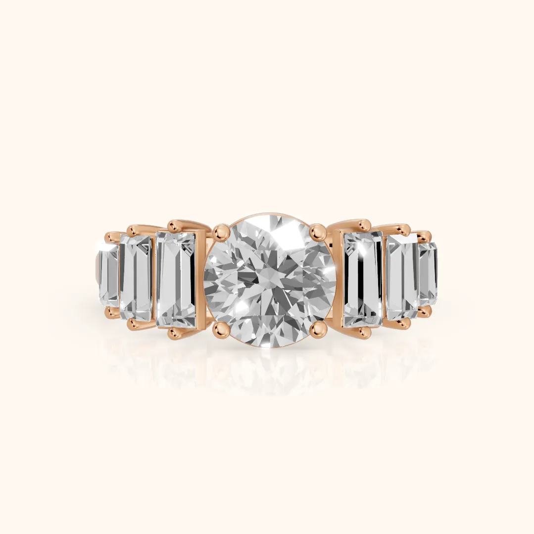 Mara Sidestone Baguette Accent Round Diamond Engagement Ring in Rose Gold — view 2
