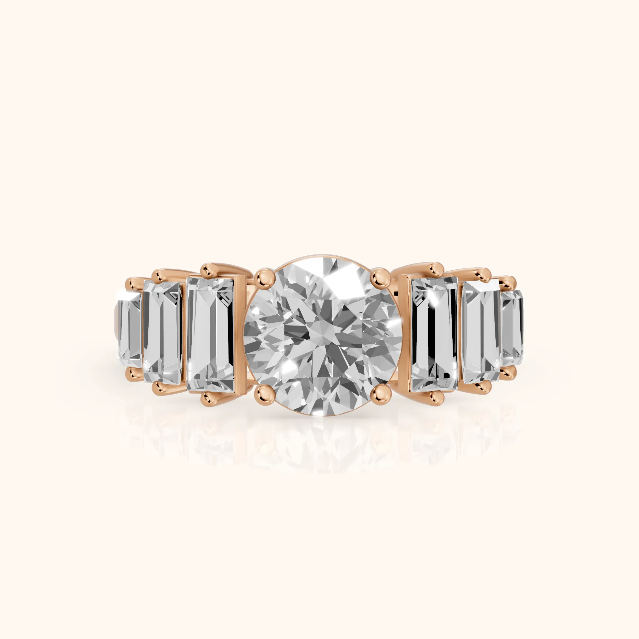 Mara Sidestone Baguette Accent Round Diamond Engagement Ring in Rose Gold — view 1