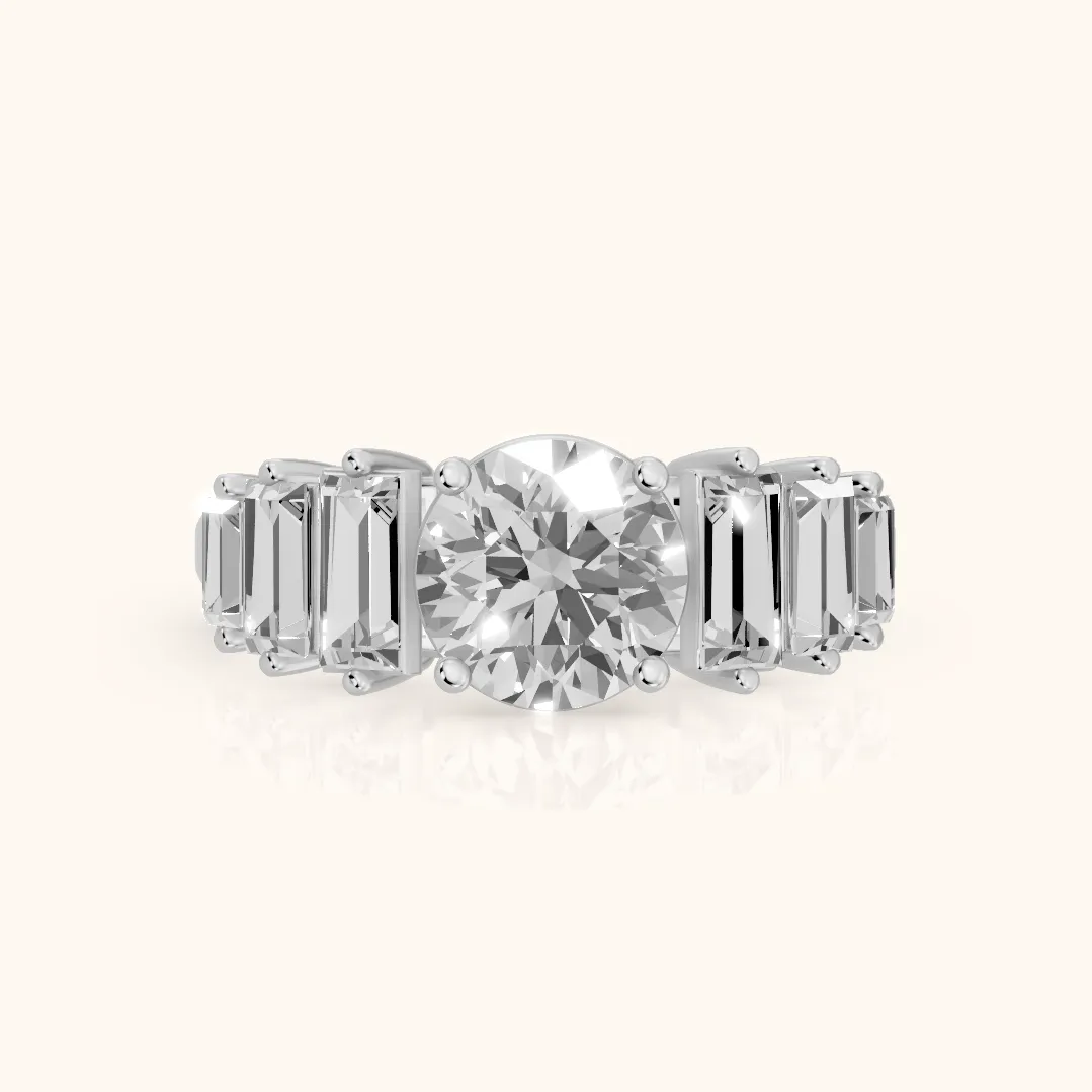 Mara Sidestone Baguette Accent Round Diamond Engagement Ring in White Gold — view 2