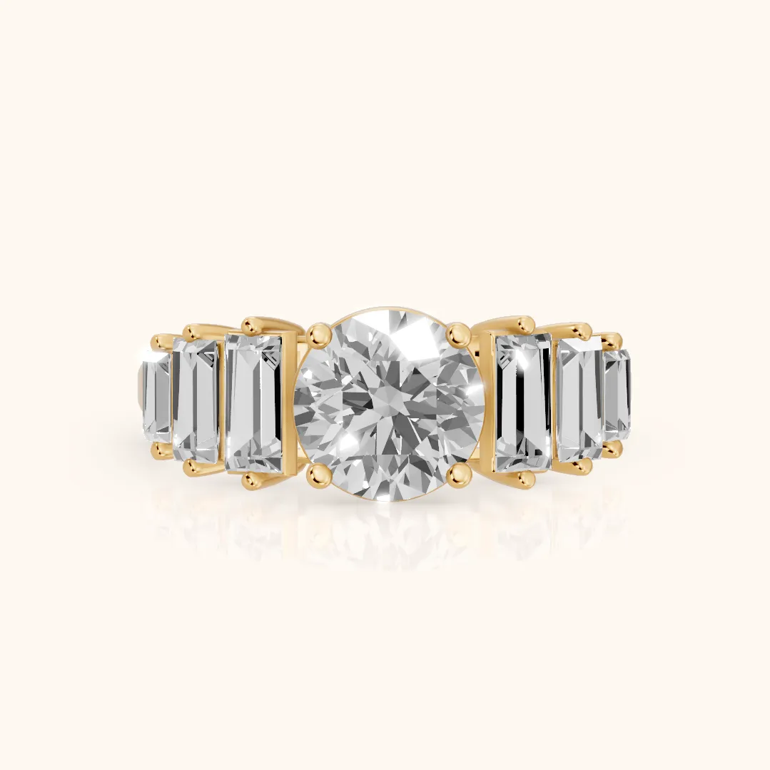 Mara Sidestone Baguette Accent Round Diamond Engagement Ring in Yellow Gold — view 2