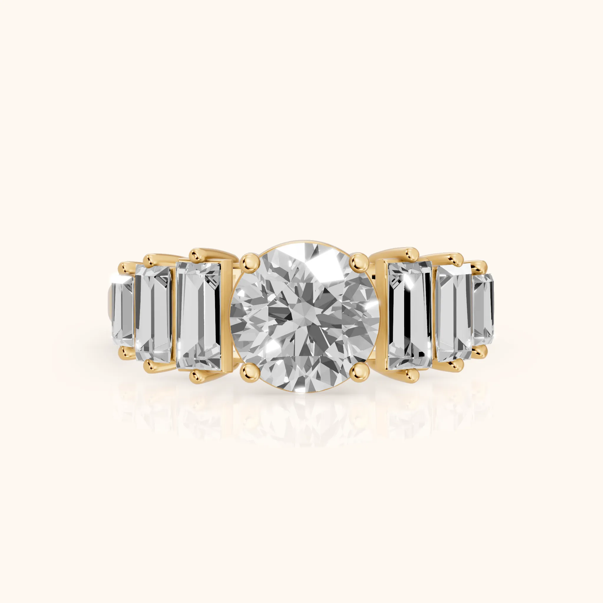 Mara Sidestone Baguette Accent Round Diamond Engagement Ring in Yellow Gold — view 1
