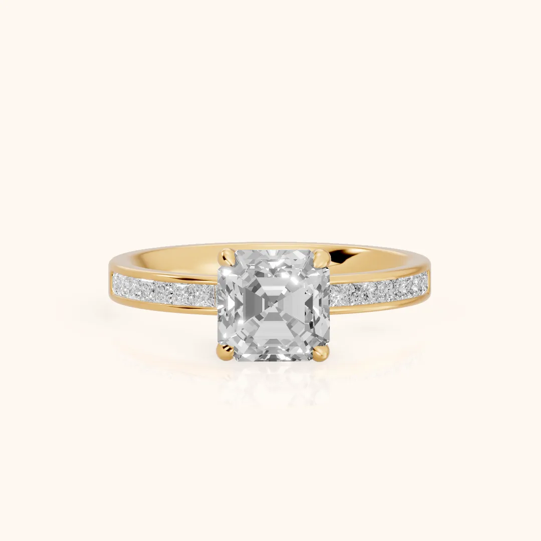 Maren Sidestone Channel Set Asscher Diamond Engagement Ring in Yellow Gold — view 2