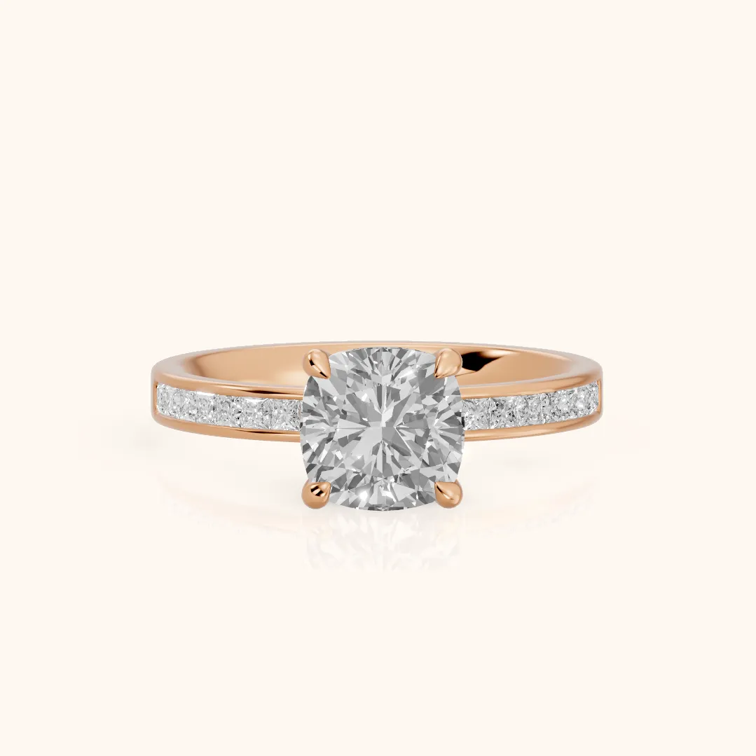 Maren Sidestone Channel Set Cushion Diamond Engagement Ring in Rose Gold — view 2