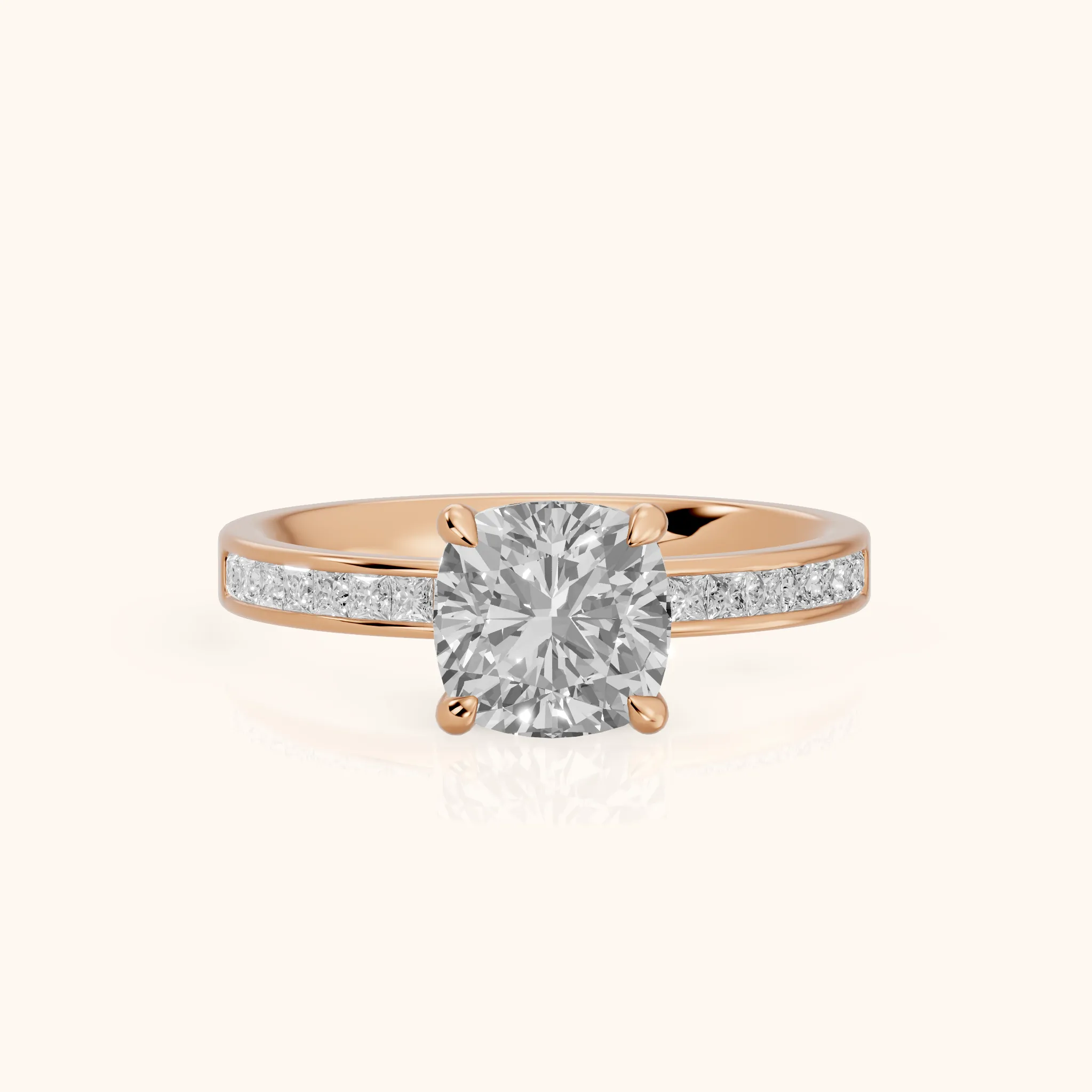 Maren Sidestone Channel Set Cushion Diamond Engagement Ring in Rose Gold — view 1