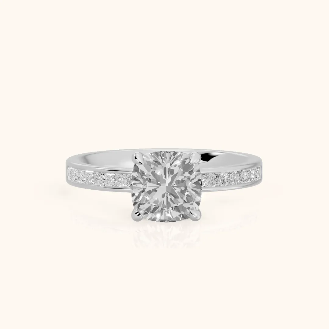 Maren Sidestone Channel Set Cushion Diamond Engagement Ring in Platinum — view 2