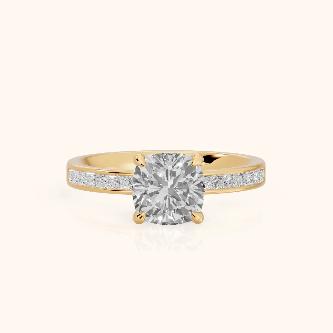Maren Sidestone Channel Set Cushion Diamond Engagement Ring in Yellow Gold — view 2