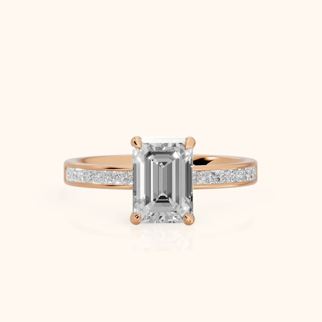 Maren Sidestone Channel Set Emerald Diamond Engagement Ring in Rose Gold — view 2