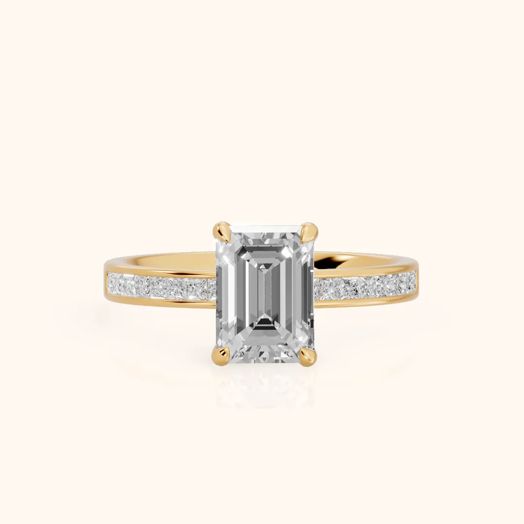 Maren Sidestone Channel Set Emerald Diamond Engagement Ring in Yellow Gold — view 2
