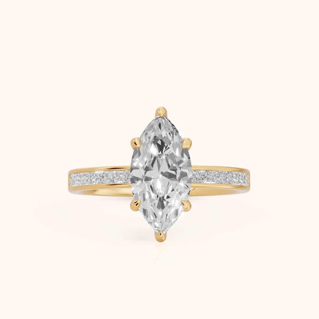 Maren Sidestone Channel Set Marquise Diamond Engagement Ring in Yellow Gold — view 2