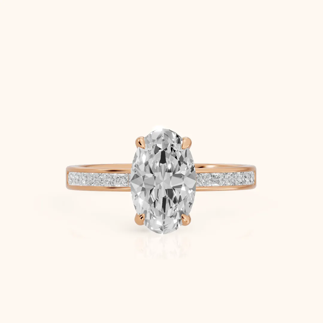 Maren Sidestone Channel Set Oval Diamond Engagement Ring in Rose Gold — view 2