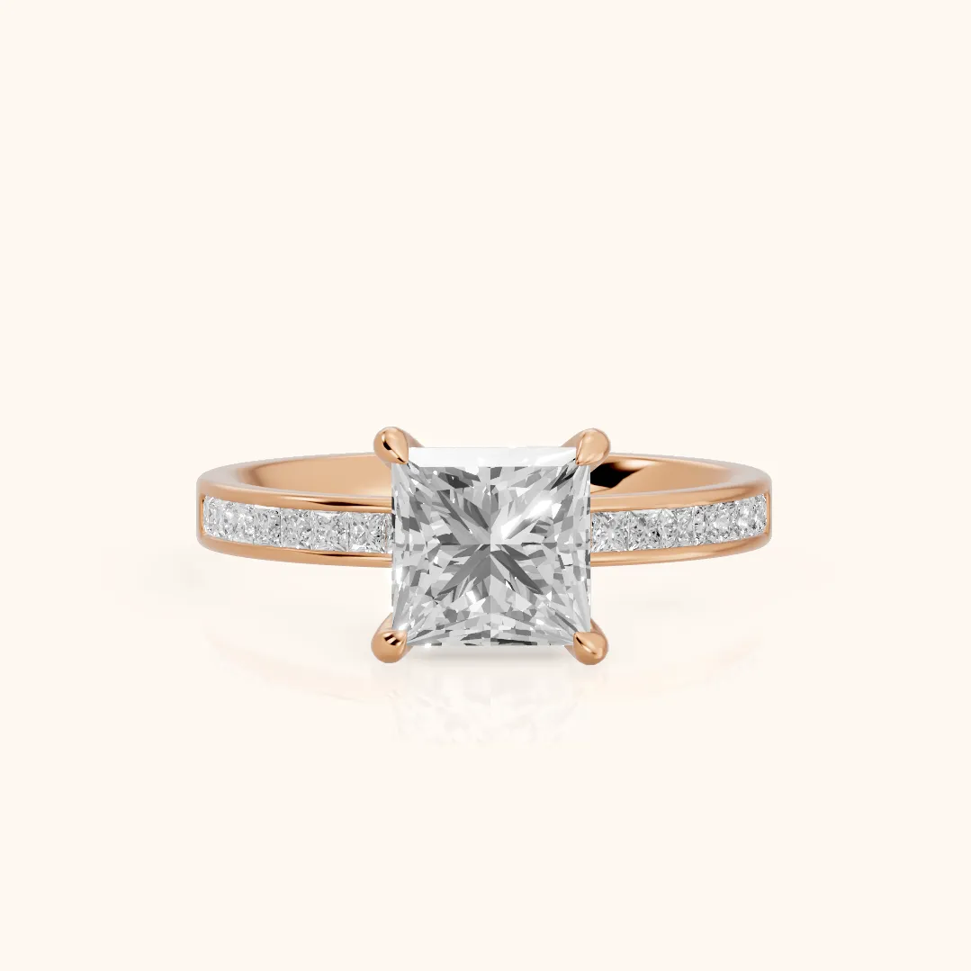 Maren Sidestone Channel Set Princess Diamond Engagement Ring in Rose Gold — view 2