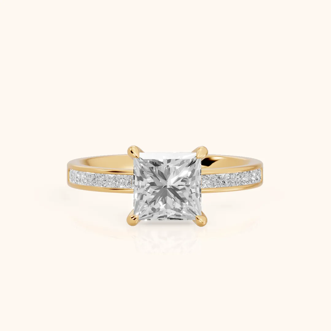 Maren Sidestone Channel Set Princess Diamond Engagement Ring in Yellow Gold — view 2