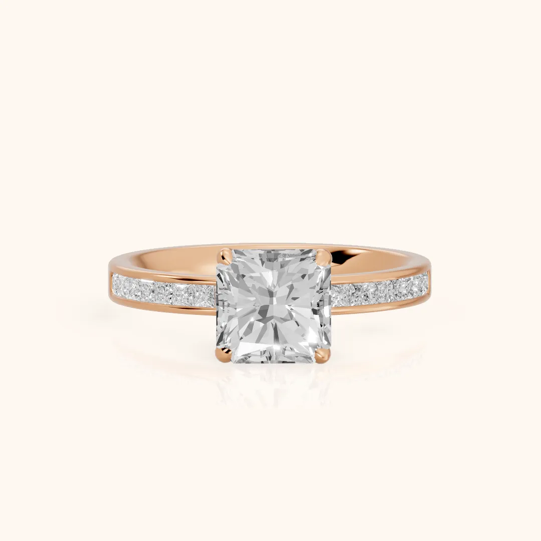 Maren Sidestone Channel Set Radiant Diamond Engagement Ring in Rose Gold — view 2