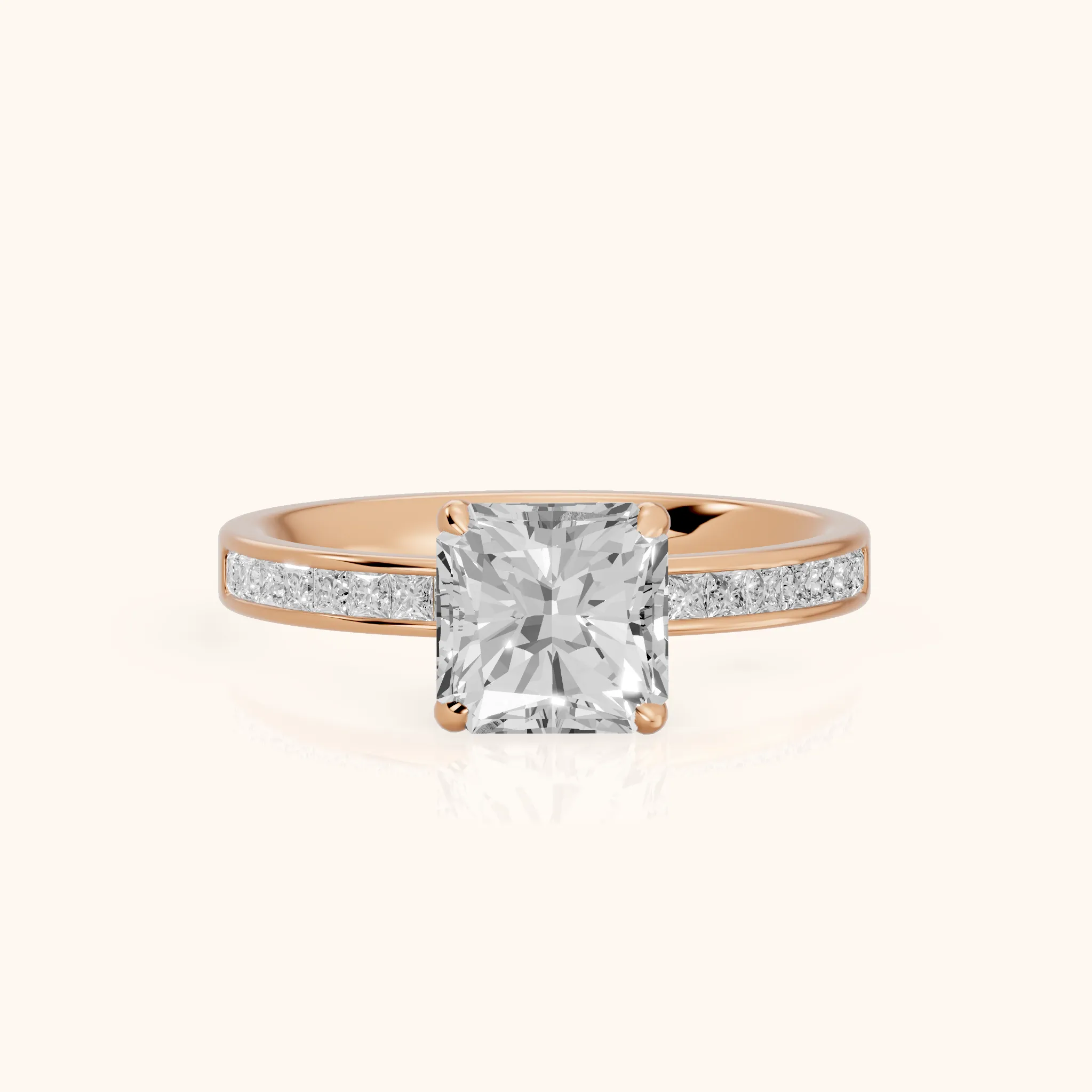 Maren Sidestone Channel Set Radiant Diamond Engagement Ring in Rose Gold — view 1