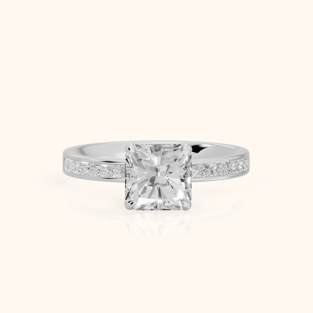 Maren Sidestone Channel Set Radiant Diamond Engagement Ring in Platinum — view 2