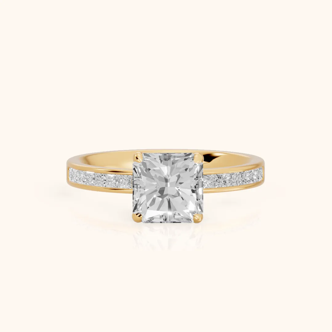 Maren Sidestone Channel Set Radiant Diamond Engagement Ring in Yellow Gold — view 2