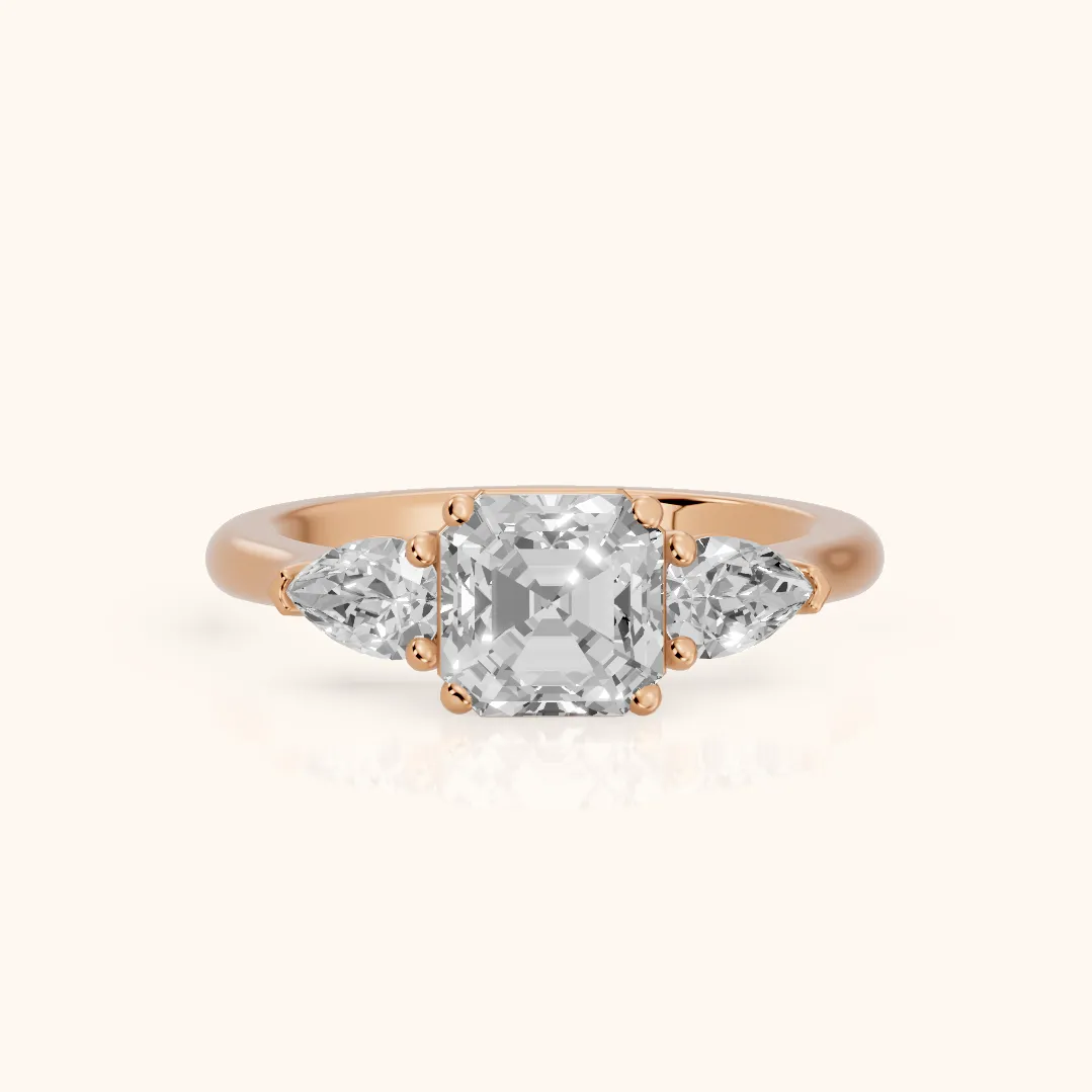 Mirabel Three-Stone Asscher Diamond Engagement Ring in Rose Gold — view 2