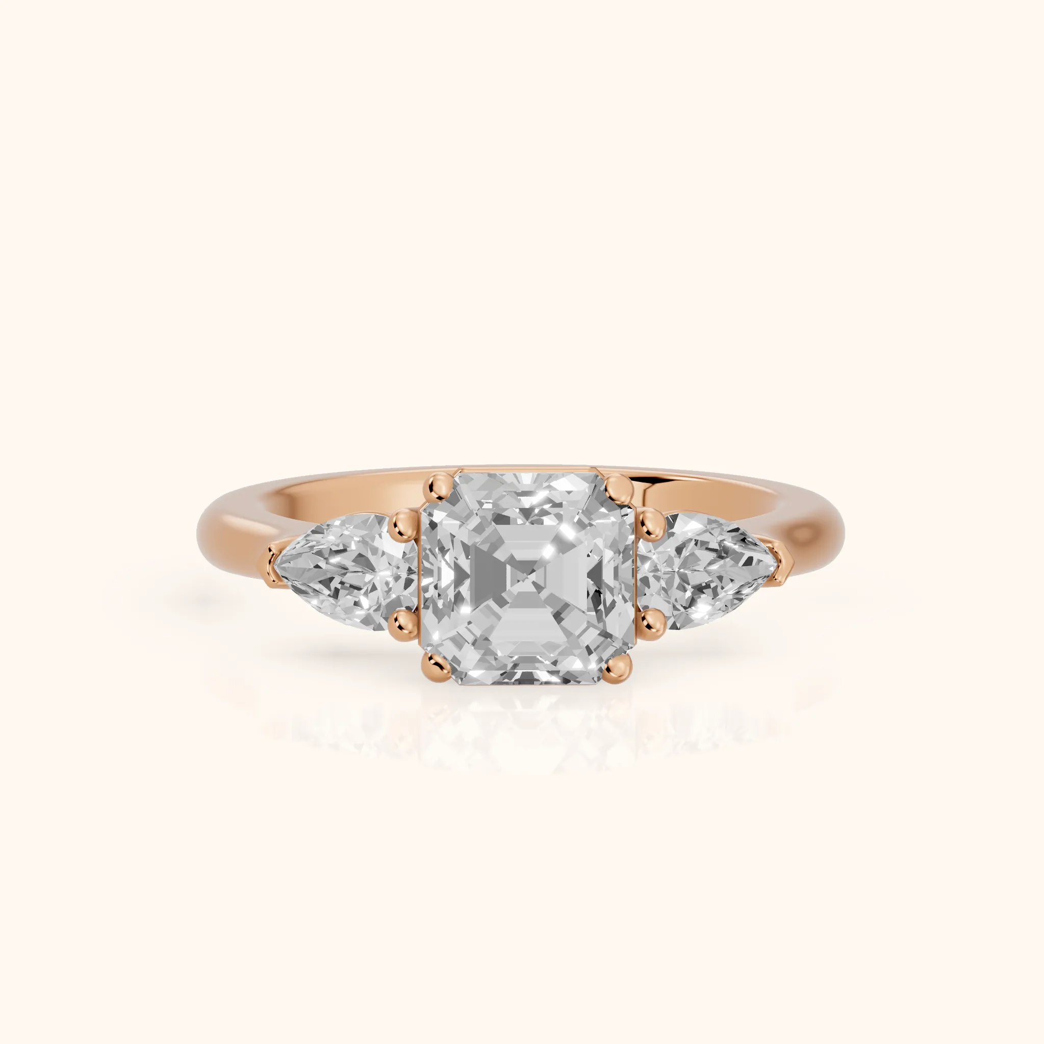 Mirabel Three-Stone Asscher Diamond Engagement Ring in Rose Gold — view 1