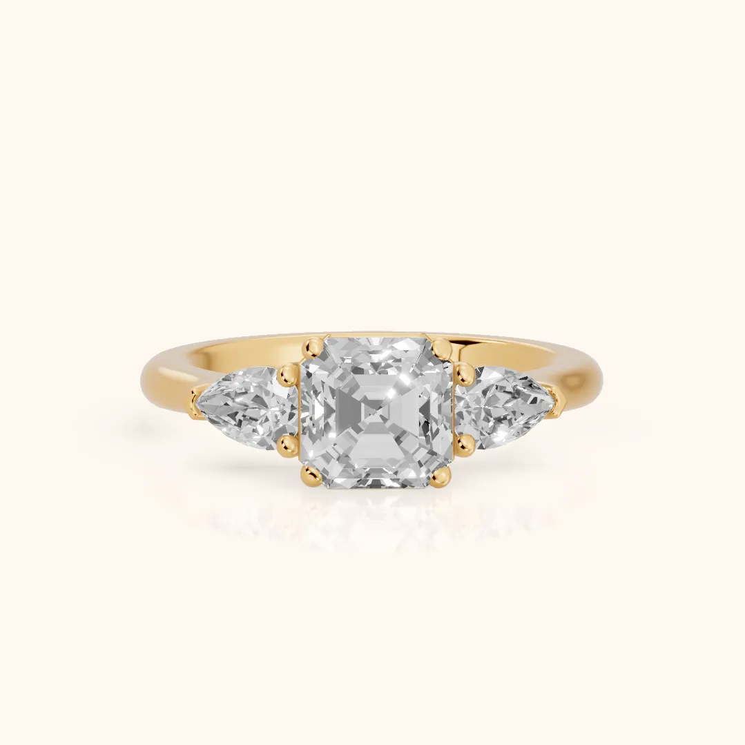 Mirabel Three-Stone Asscher Diamond Engagement Ring in Yellow Gold — view 2