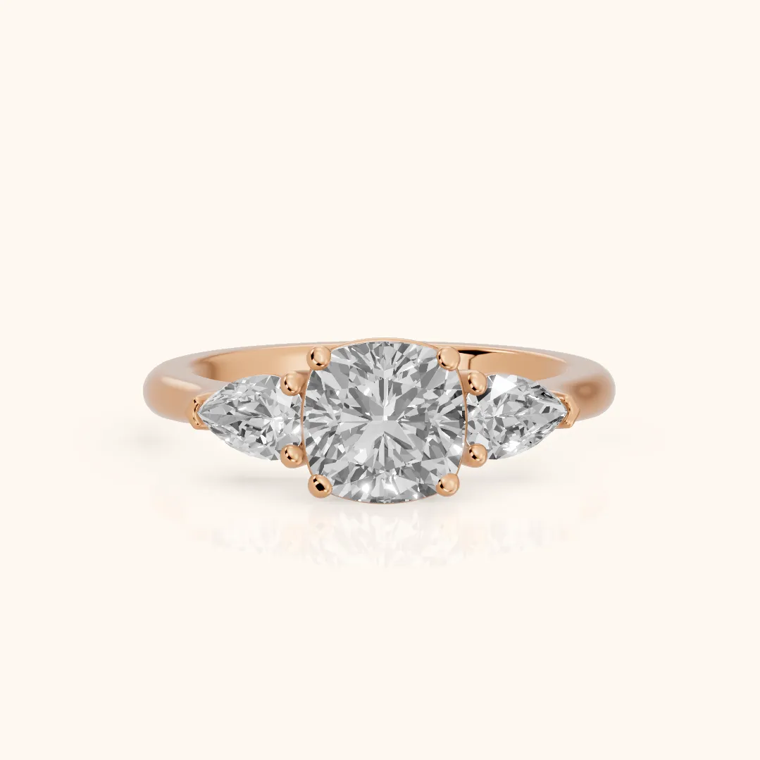 Mirabel Three-Stone Cushion Diamond Engagement Ring in Rose Gold — view 2