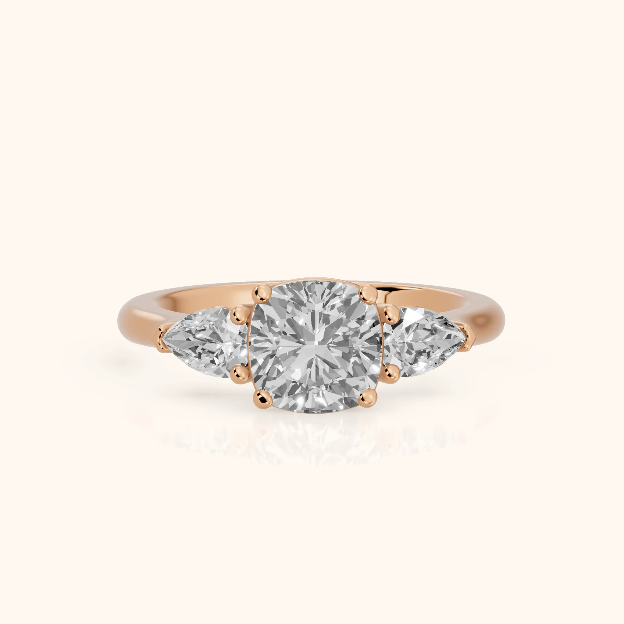 Mirabel Three-Stone Cushion Diamond Engagement Ring in Rose Gold — view 1