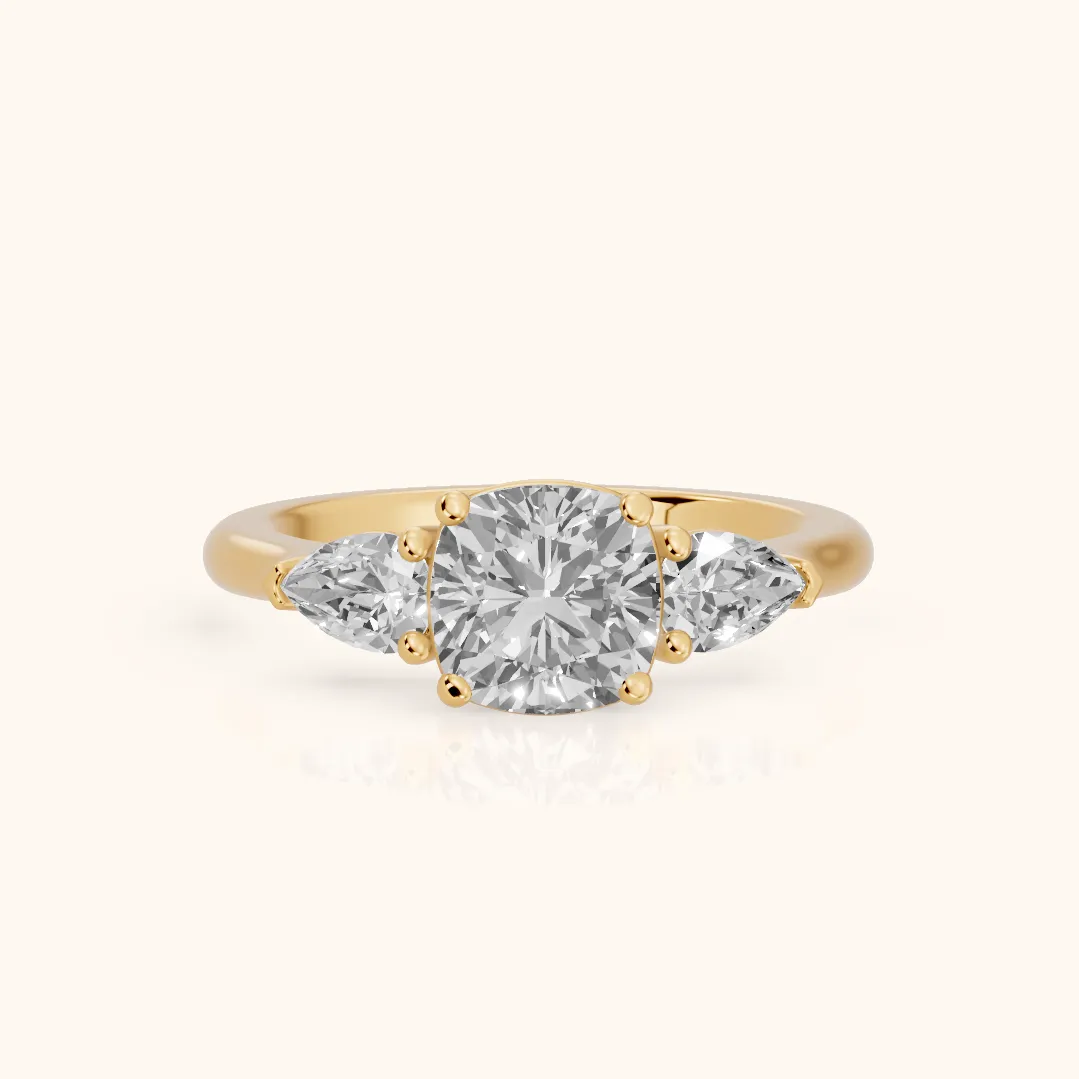 Mirabel Three-Stone Cushion Diamond Engagement Ring in Yellow Gold — view 2