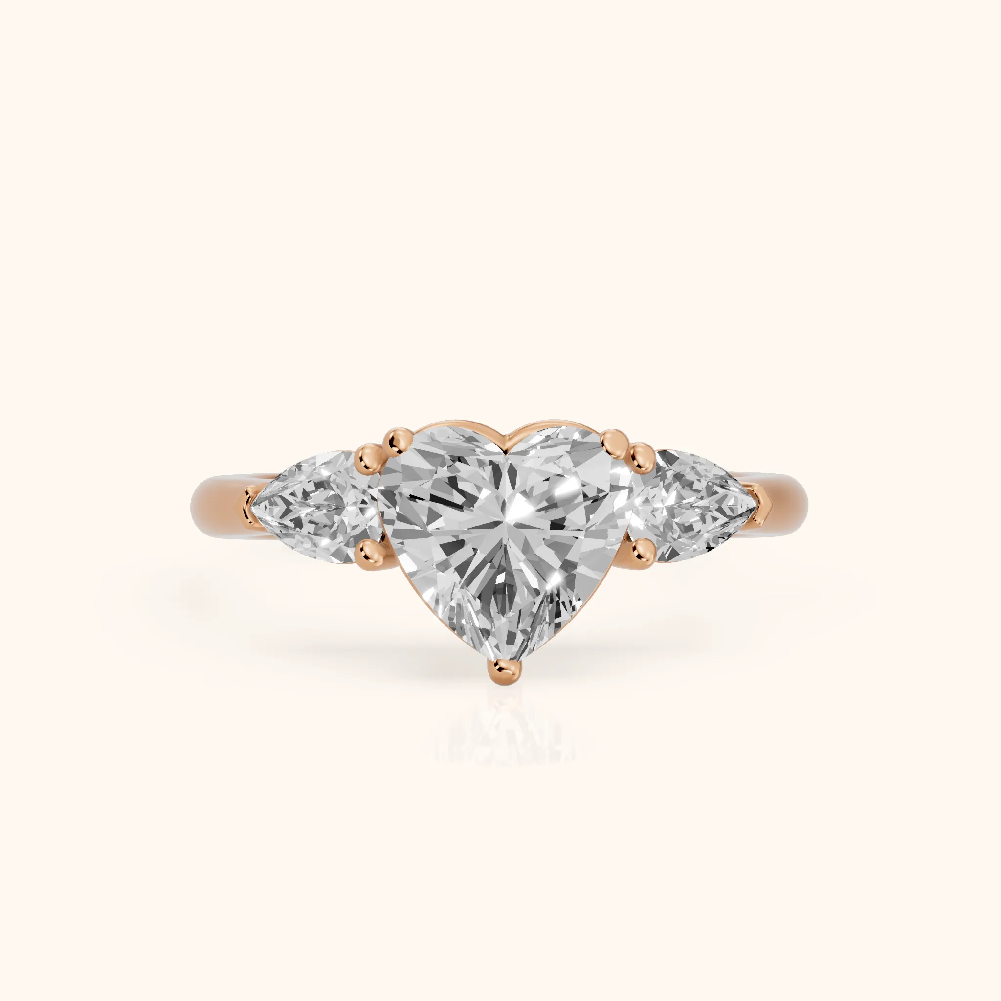 Mirabel Three-Stone Heart Diamond Engagement Ring in Rose Gold — view 1
