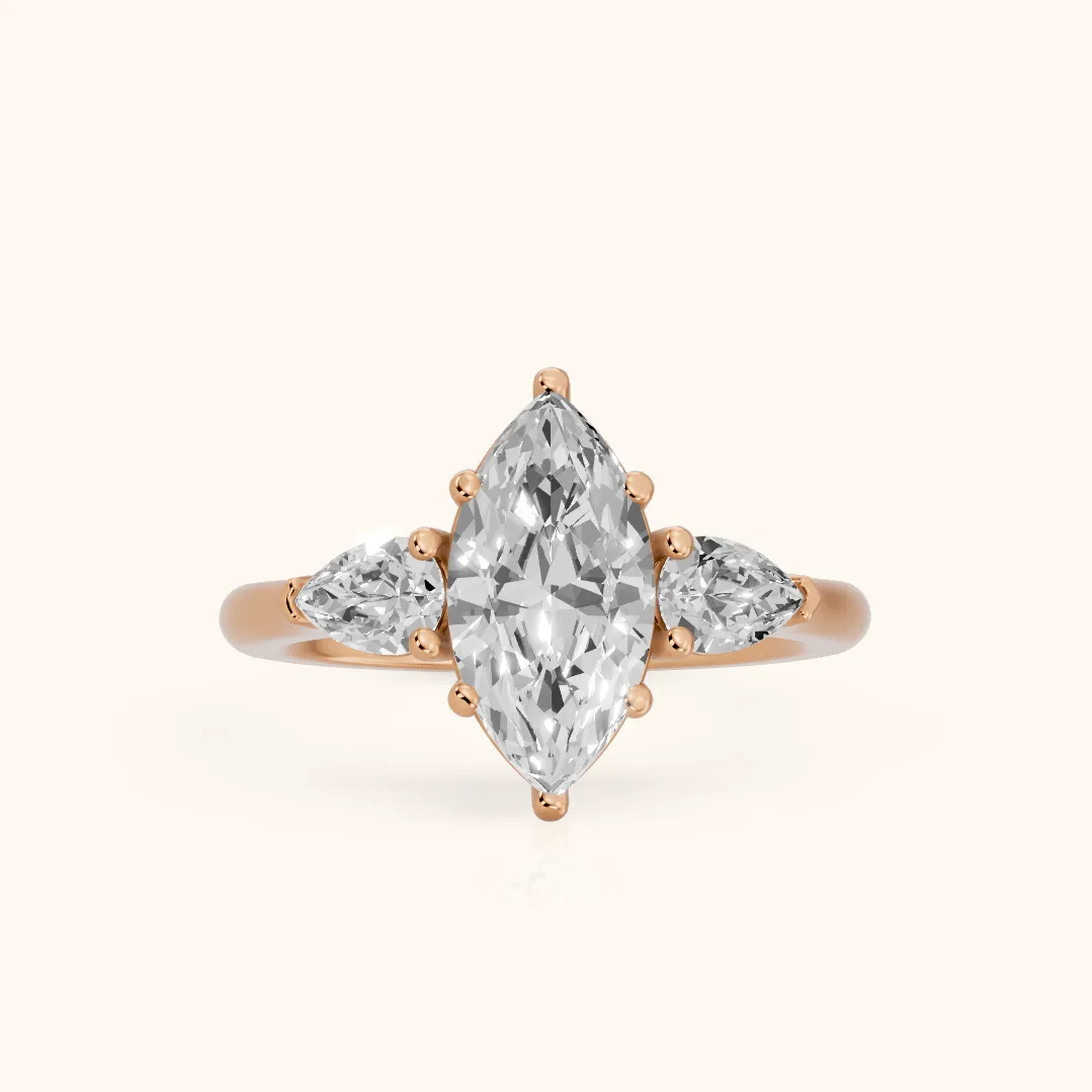Mirabel Three-Stone Marquise Diamond Engagement Ring in Rose Gold — view 2