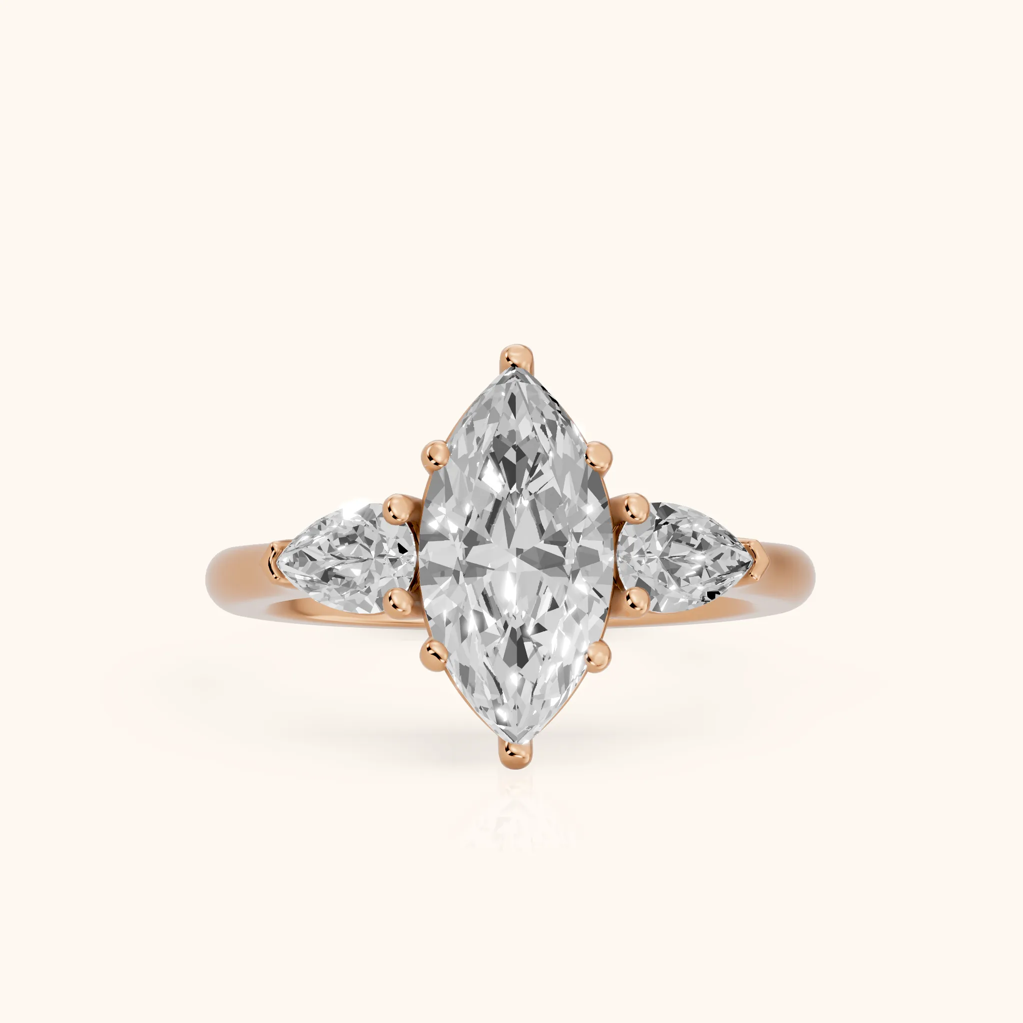 Mirabel Three-Stone Marquise Diamond Engagement Ring in Rose Gold — view 1