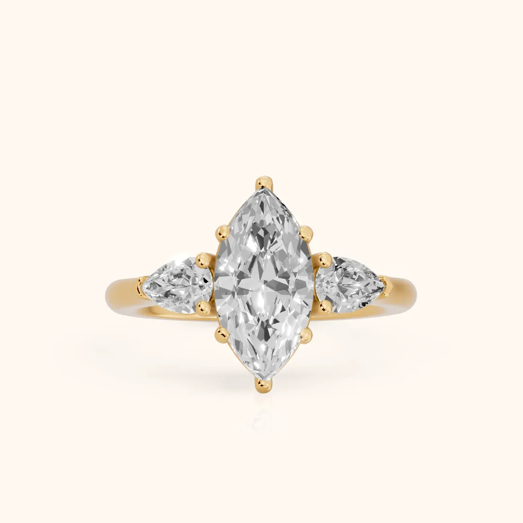 Mirabel Three-Stone Marquise Diamond Engagement Ring in Yellow Gold — view 2