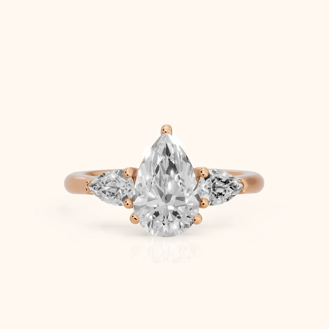 Mirabel Three-Stone Pear Diamond Engagement Ring in Rose Gold — view 2