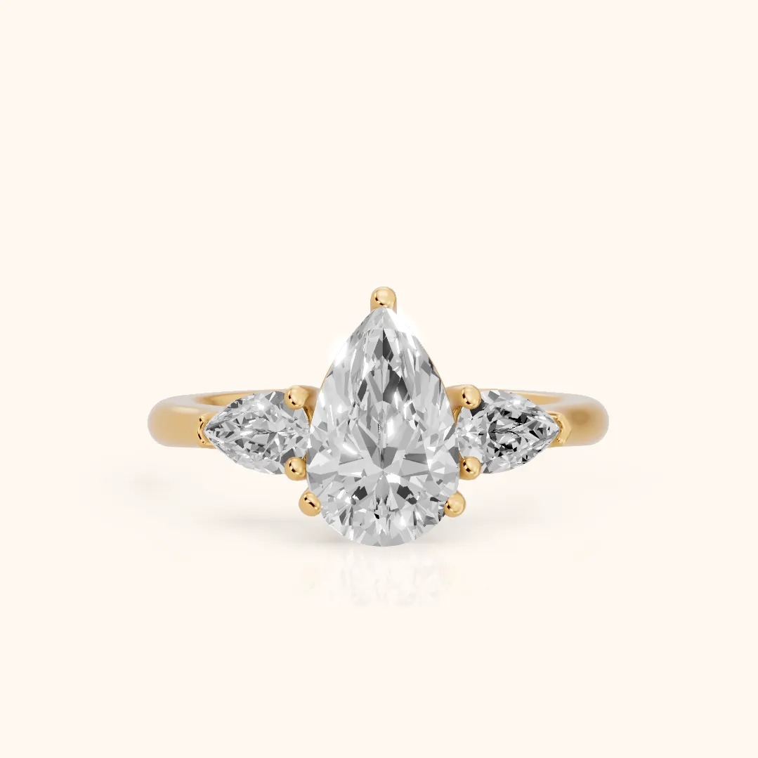 Mirabel Three-Stone Pear Diamond Engagement Ring in Yellow Gold — view 2