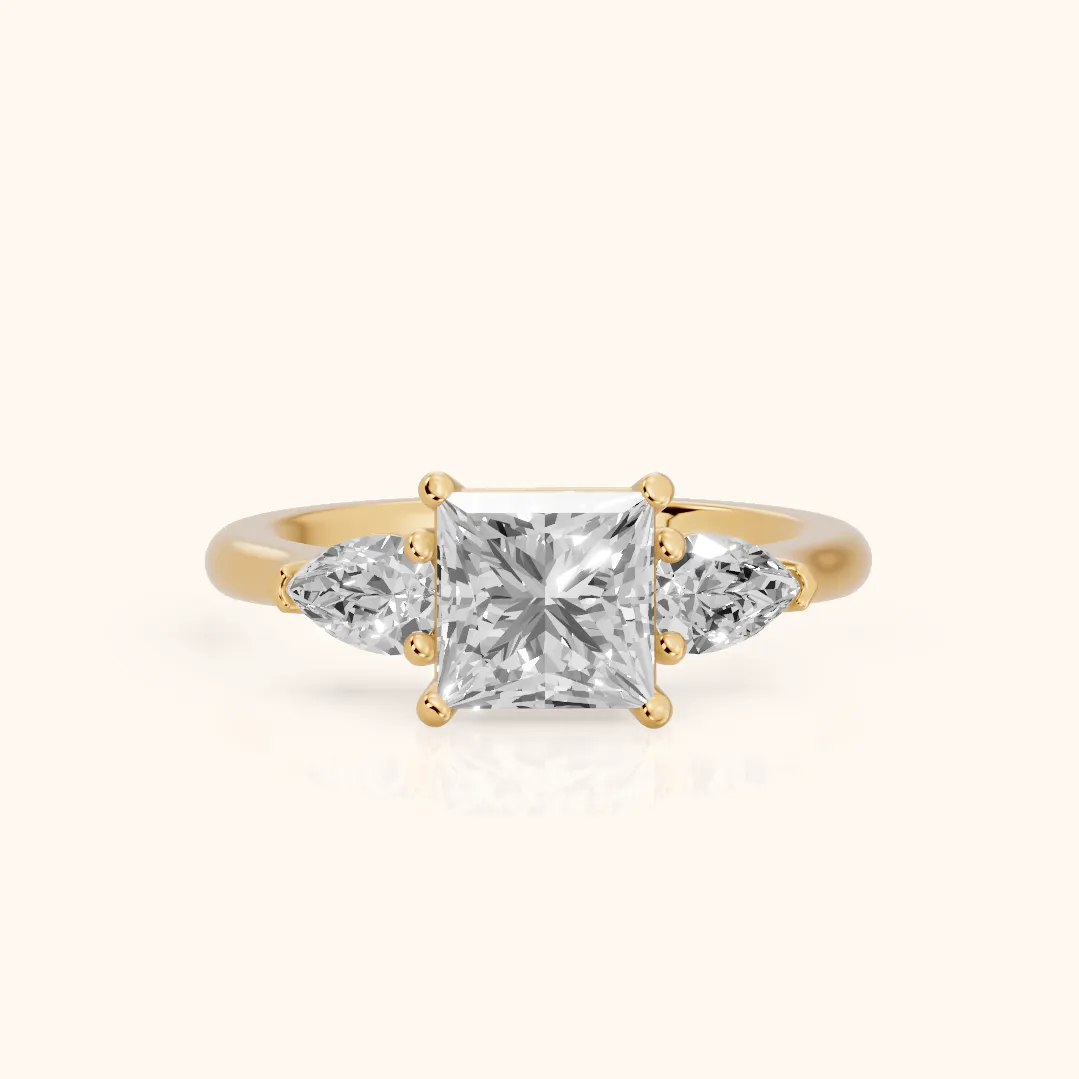 Mirabel Three-Stone Princess Diamond Engagement Ring in Yellow Gold — view 2