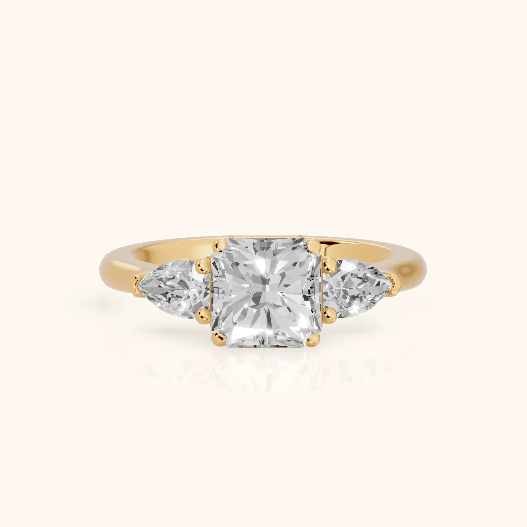 Mirabel Three-Stone Radiant Diamond Engagement Ring in Yellow Gold — view 2