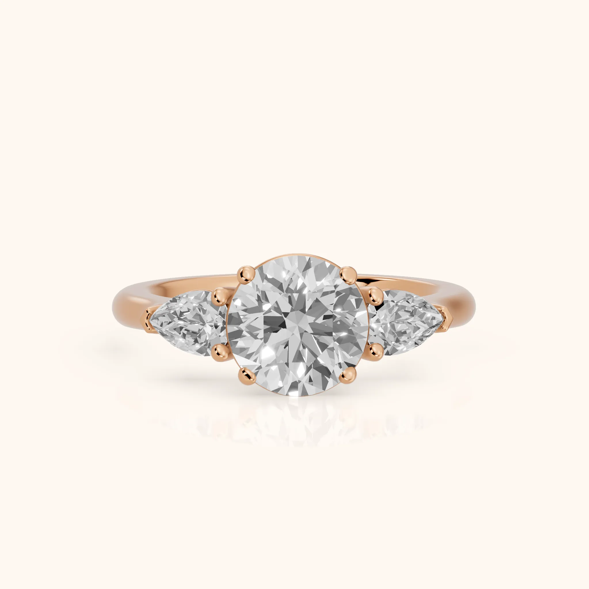 Mirabel Three-Stone Round Diamond Engagement Ring in Rose Gold — view 1