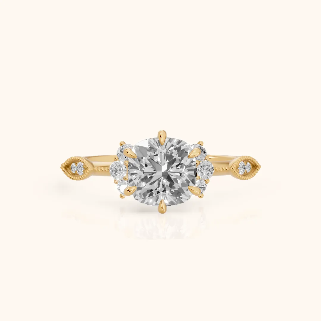 Naomi Vintage Milgrain Cushion Diamond Engagement Ring in Yellow Gold — view 2