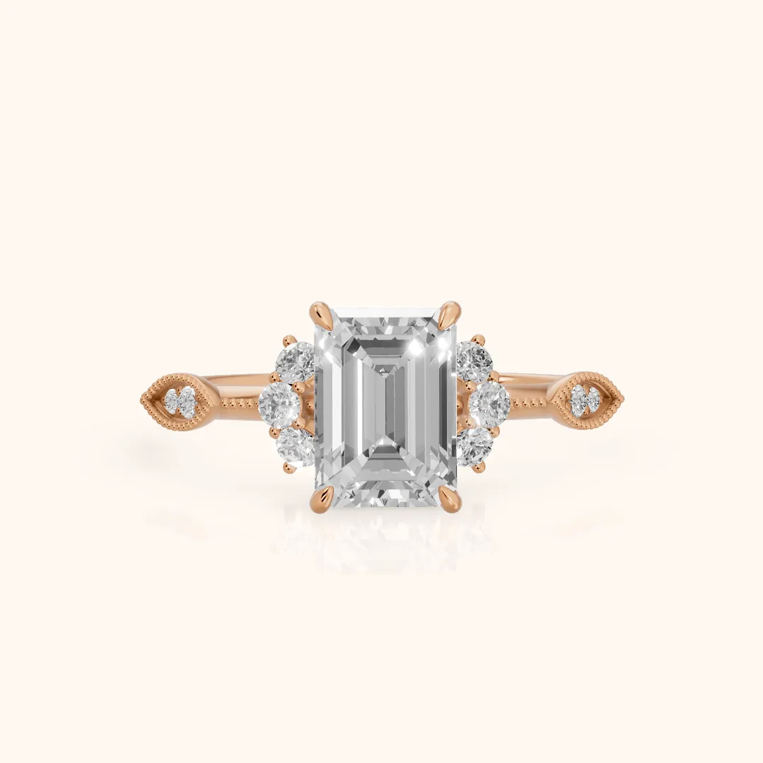 Naomi Vintage Milgrain Emerald Diamond Engagement Ring in Rose Gold — view 2