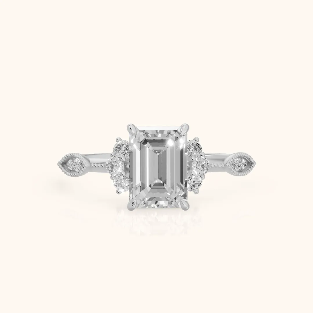 Naomi Vintage Milgrain Emerald Diamond Engagement Ring in Silver — view 2